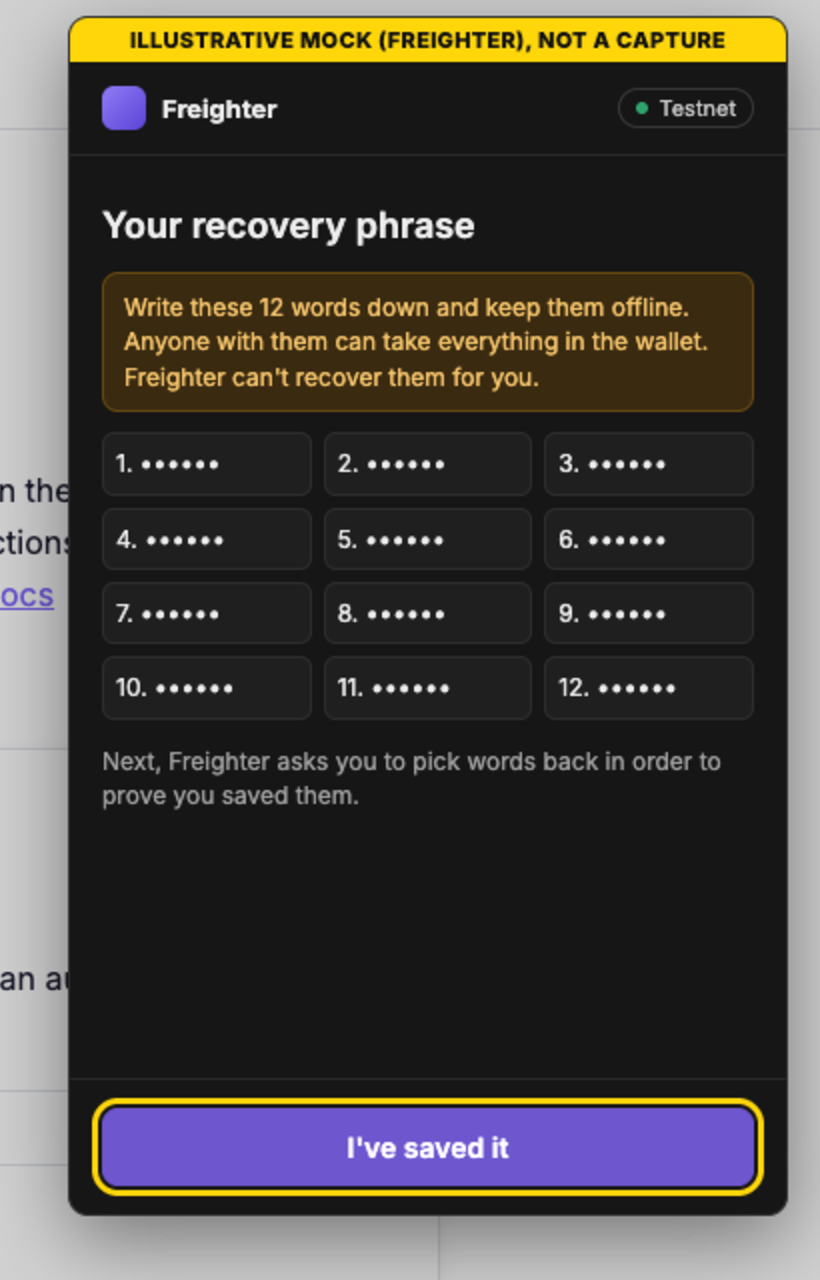 Freighter asking the user to write down a 12-word recovery phrase