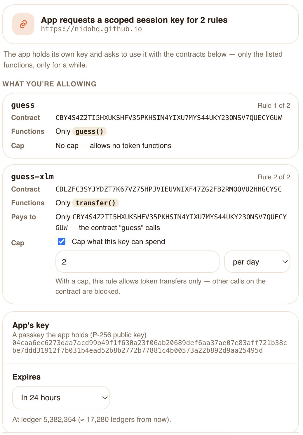 Nido's approval page for a scoped session key with two rules