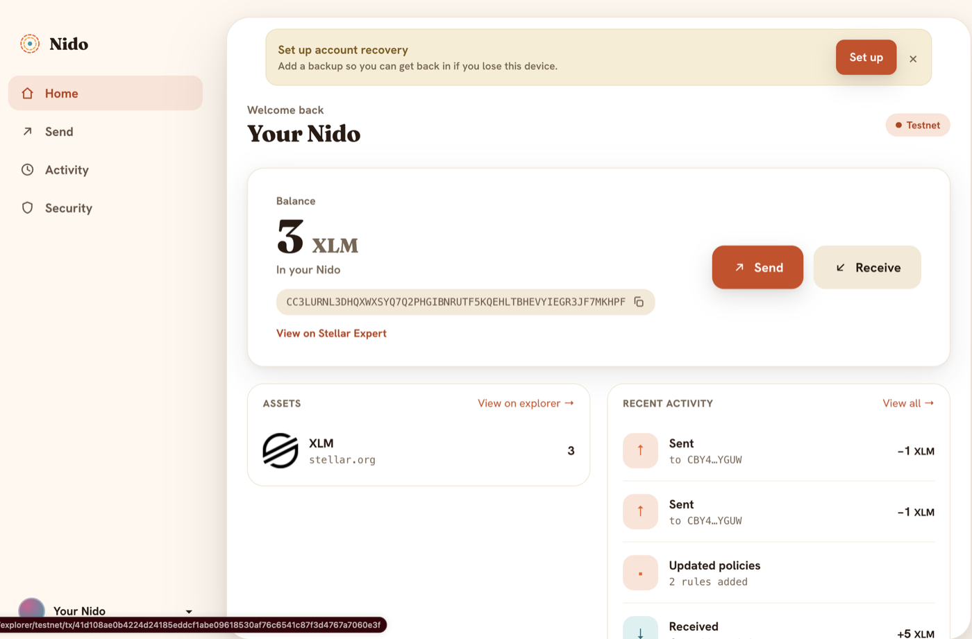 Nido's home screen; Recent activity shows Updated policies, 2 rules added