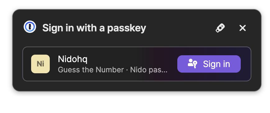 1Password's Sign in with a passkey prompt for Nidohq