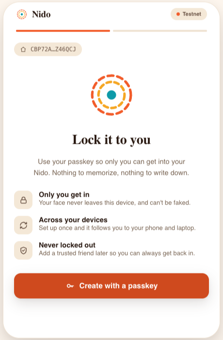 Nido's create-with-a-passkey screen