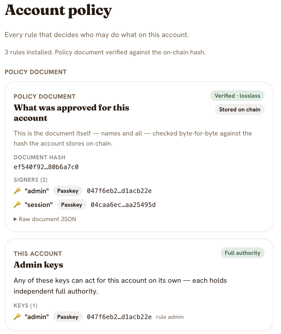 Nido's Account policy page: 3 rules installed, policy document verified against the on-chain hash, two signers and one admin key