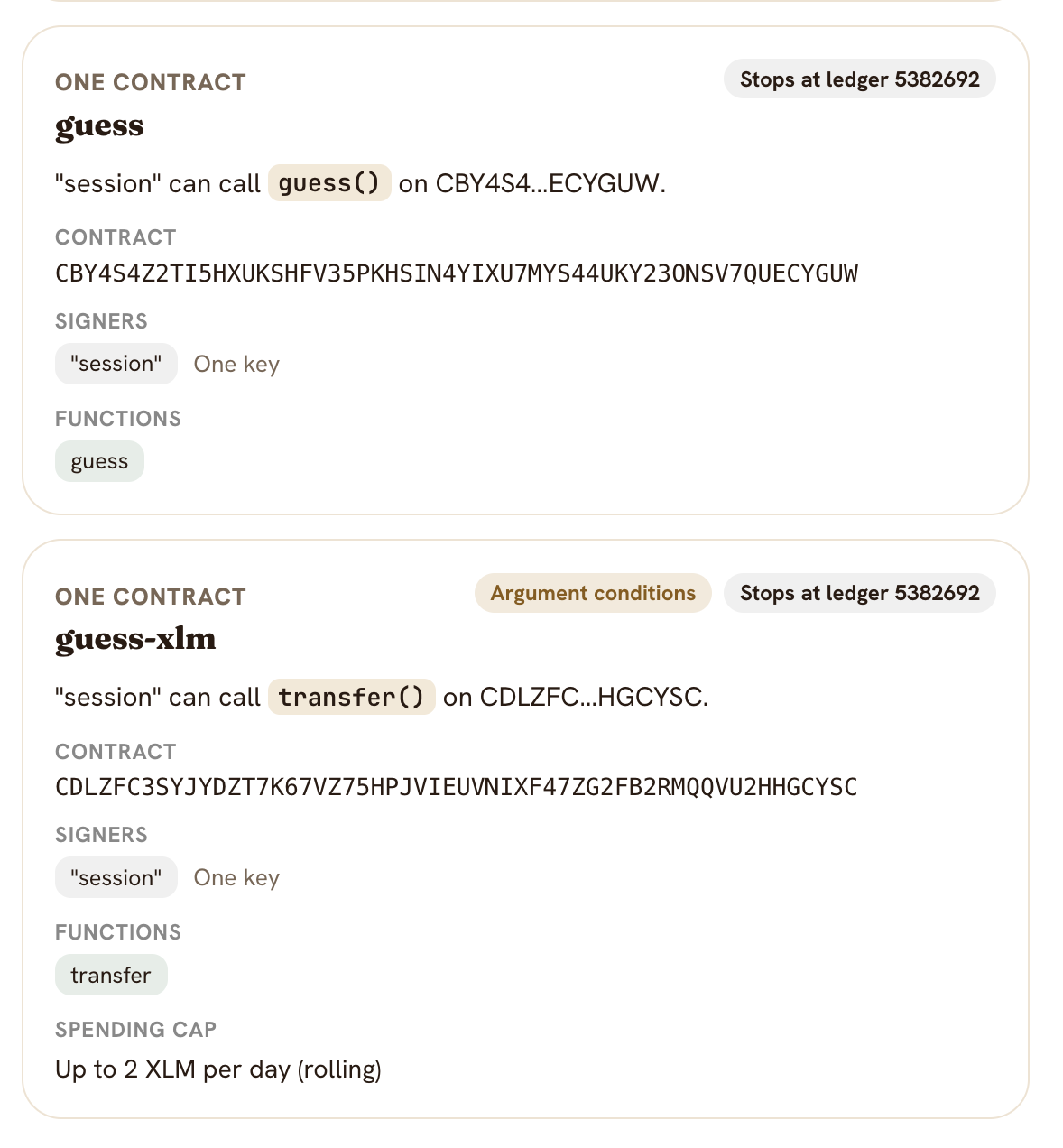 Nido's rule cards for guess and guess-xlm: session can call transfer on the XLM contract, up to 2 XLM per day
