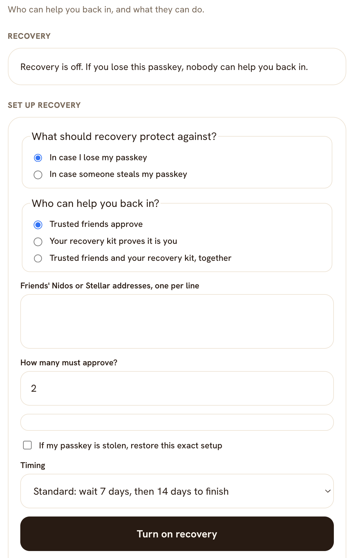 Nido's recovery setup: what to protect against, who can help you back in, how many must approve, and timing