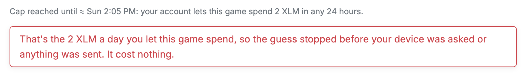 Guess the Number refusing a guess at the 2 XLM a day cap: it cost nothing